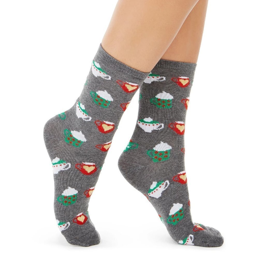 Charter Club Womens Size 9-11 Christmas Holiday‎ Hot Cocoa Latte Crew Socks Gray